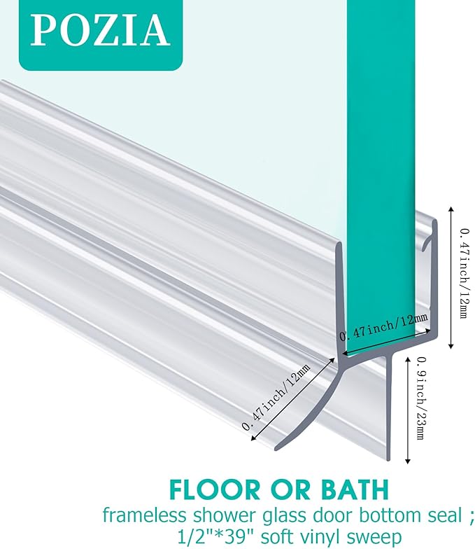 POZIA Clear Frameless Glass Shower Door Bottom Seal | Shower Door Sweep for Leak-Proof, Quick Installation to Create Reliable Water Barrier (2PACK-1/2in-23mm Gap)