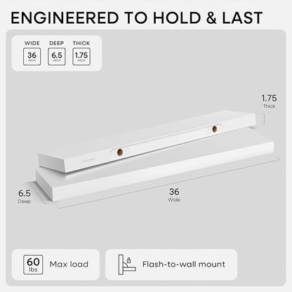 Homeforia White Floating Shelves 36 inch, High End Solid Real Wood 36inch Floating Shelf for Wall Mounted, White Wooden 36in Long Floating Shelves, Heavy Duty Bracket, 36 X 6.5 X 1.75 inches, Set of 4