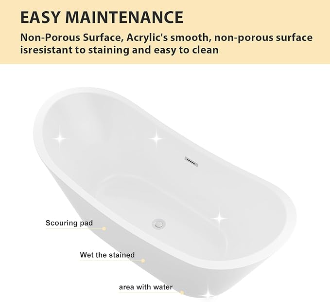 Logmey 67" Freestanding Bathtub White Acrylic Oval Shape Soaking Tub with Chrome Drain & Overflow Assembly for Classic Modern Bathrooms
