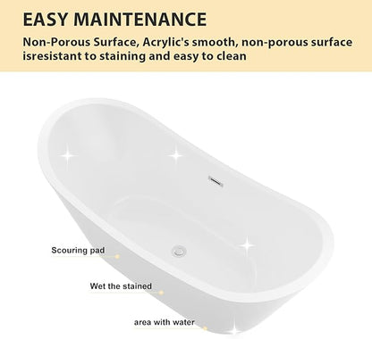 Logmey 67" Freestanding Bathtub White Acrylic Oval Shape Soaking Tub with Chrome Drain & Overflow Assembly for Classic Modern Bathrooms