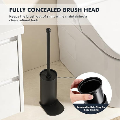 Toilet Brush and Holder Set, Stainless Steel Toilet Bowl Brush with 16.5" Long-Reach Handle, Tilted Canister with Concealed Brush Head & Anti-Splash Shield for Bathroom Cleaning, 1 Spare Head Included