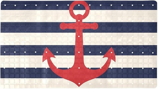 Bathtub Mats for Shower Tub, Anti-Slip Bath Mats for Inside Tub, Bathroom Shower Mats with Drain Holes and Suction Cups (Red Anchor on Navy Blue Stripes Background)