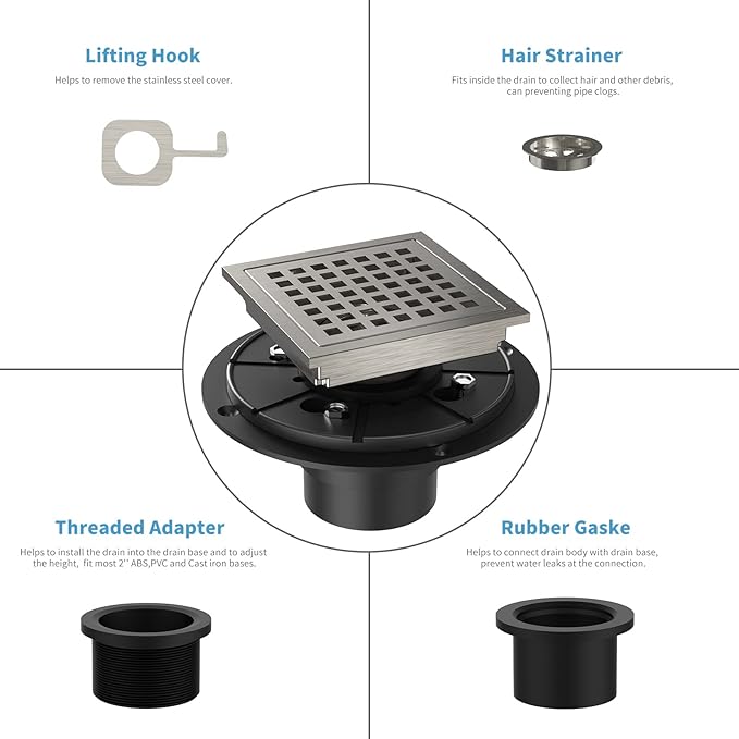 4 Inch Square Shower Floor Drain, Brushed Nickel High Flow Shower Drain Kit with Flange with Hair Filter, Removable Grate Cover, Stainless Steel, Abs Fixing Tray, CUPC Certified(Brushed Nickel)