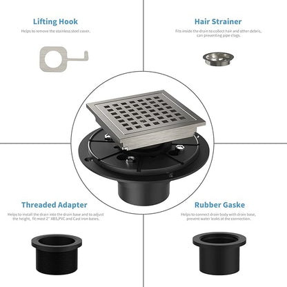 4 Inch Square Shower Floor Drain, Brushed Nickel High Flow Shower Drain Kit with Flange with Hair Filter, Removable Grate Cover, Stainless Steel, Abs Fixing Tray, CUPC Certified(Brushed Nickel)