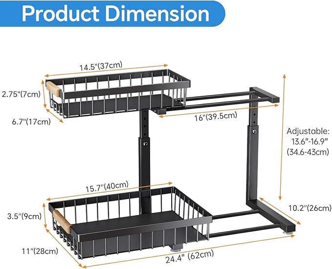 PXRACK 1 Pack Under Sink Organizer,Adjustable Height,2 Tier Pull Out Under Cabinet Organizer,Slide Out Thickened Metal Under Sink Storage for Kitchen Bathroom Laundry Cabinet Pantry,Black(L)