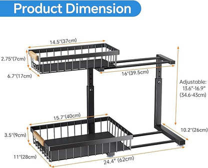 PXRACK 1 Pack Under Sink Organizer,Adjustable Height,2 Tier Pull Out Under Cabinet Organizer,Slide Out Thickened Metal Under Sink Storage for Kitchen Bathroom Laundry Cabinet Pantry,Black(L)