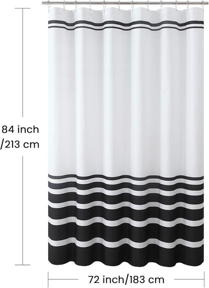 Extra Long White and Black Striped Shower Curtain 72x84 Inches, Waterproof Fabric with Modern Gradient Lines, 12 Rustproof Grommets & Weighted Hem