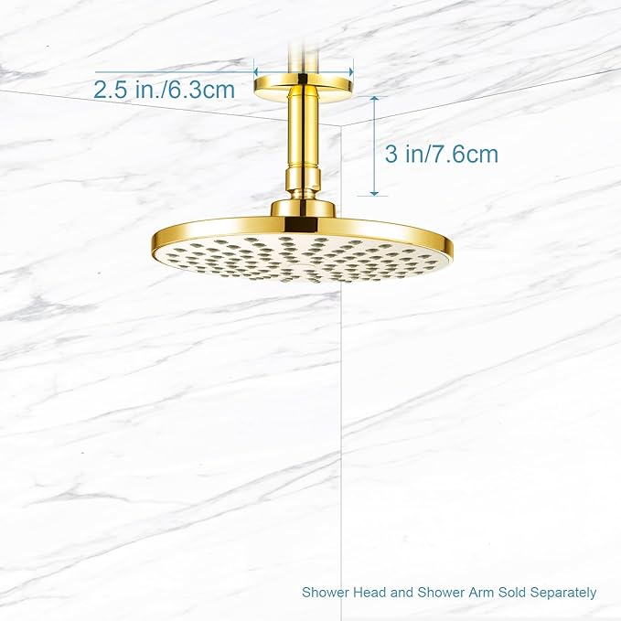 OFFO Shower Arm with Flange, Bright Gold 3 in Ceiling Mount Replacement Rain Shower Head Straight Arm Ceiling-Mounted For Fixed Shower Head & High Pressure Rain