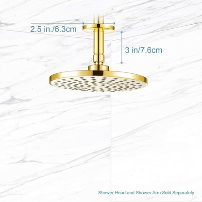 OFFO Shower Arm with Flange, Bright Gold 3 in Ceiling Mount Replacement Rain Shower Head Straight Arm Ceiling-Mounted For Fixed Shower Head & High Pressure Rain