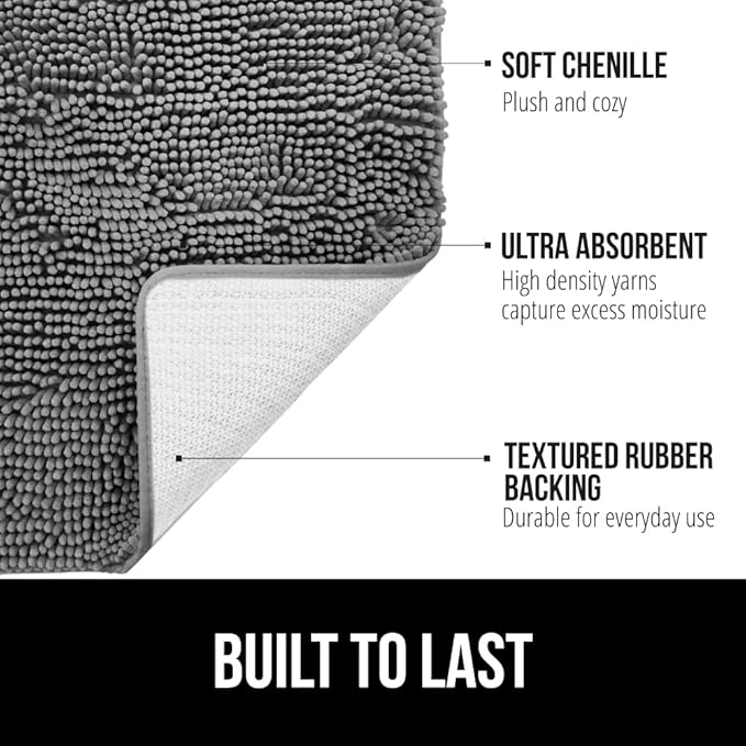 GORILLA GRIP Bath Rug Mat 54x24, Thick Soft Absorbent Chenille, Quick Dry Microfiber Mats, Rubber Backing Washable Shower Floor Rugs, Bathmat Runner, US Designed Bathroom Home Decor Accessories Grey