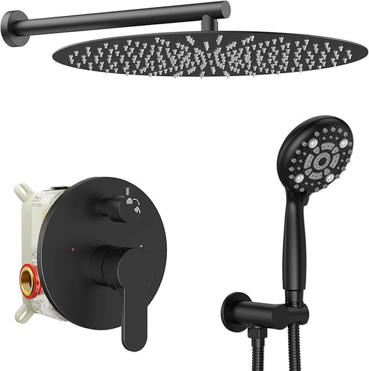 SR SUN RISE Shower Faucet - 16 Inch Multifunctional High Pressure Shower Head System with Handheld Shower Head Fixtures - Valve Included - Matte Black