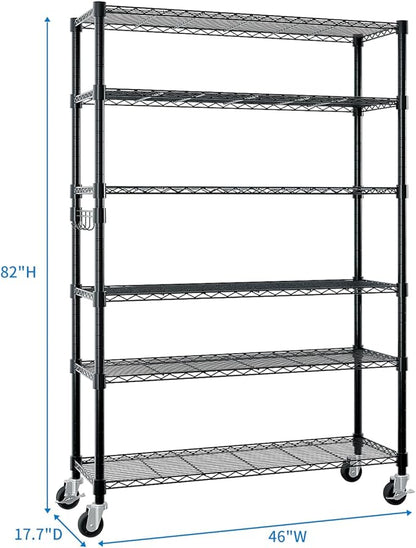 6 Tier Storage Racks Shelving, Heavy Steel Pantry Shelves, Adjustable Wire Shelving Rack with Wheels, Suitable for Garage, Kitchens, Bathroom, Offices, 46" W x 17.7" D x 82" H, Black