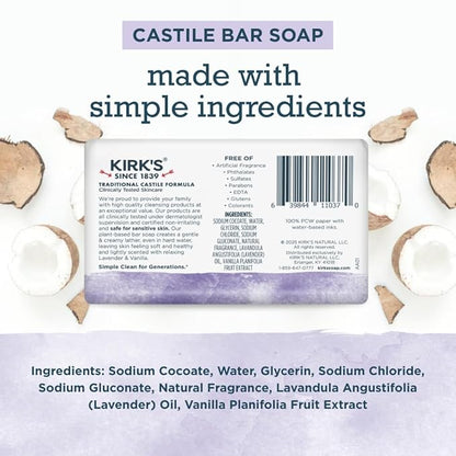 Kirk's Castile Bar Soap for Men, Women & Children - Made with Premium Coconut Oil, Sensitive Skin Formula, Vegan, Non GMO, Lavender & Vanilla, 4 oz. Bars 6 Pack