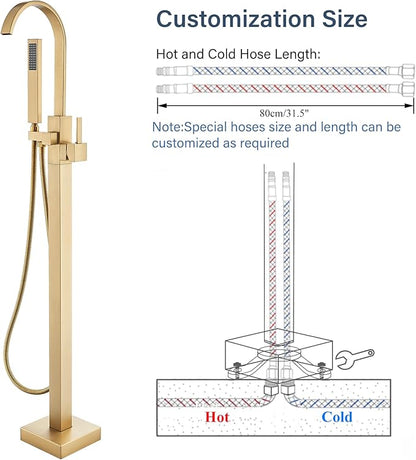 Freestanding Bathtub Faucet Floor Mounted Tub Filler Brushed Gold Single Handle 360 Swivel Standing Spout High Flow Brass Bath Tub Faucets Set