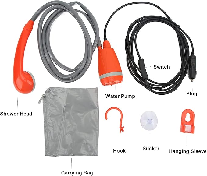 Portable Pump Shower Head, 12V Outdoor Shower with Powerful Water Flow 3.5L per Minute, for Camping Hiking RV Car Washing Pet Bathing