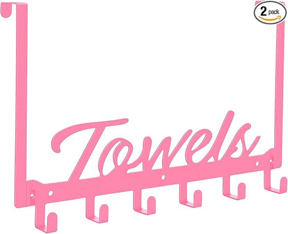 Over The Door Hooks, Towel Rack for Bathroom Door Rack for Hanging Heavy Duty, Door Hanger with 6 Hooks for Bedroom Bathroom Kitchen Bag, Coats, Hats(Pink)