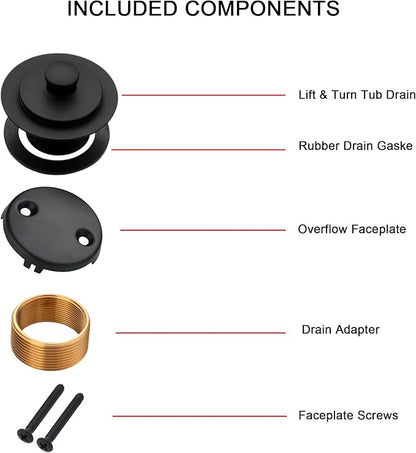 Matte Black Bathtub Drain, Lift and Turn Twist Tub Drain Trim Kit with Two-Hole Overflow Faceplate, Tub Drain Stopper, Lift and Turn Bathtub Drain Replacement