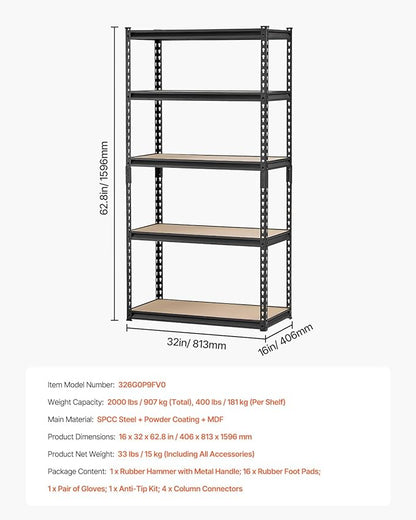 VEVOR Storage Shelves, 2000 lbs, 5 Tier Garage Storage Shelving, 16" D x 32" W x 62.8" H Adjustable Metal Shelves for Garage Shelves Utility Rack Shelf, Ideal for Kitchen, Warehouse, Basement, Black