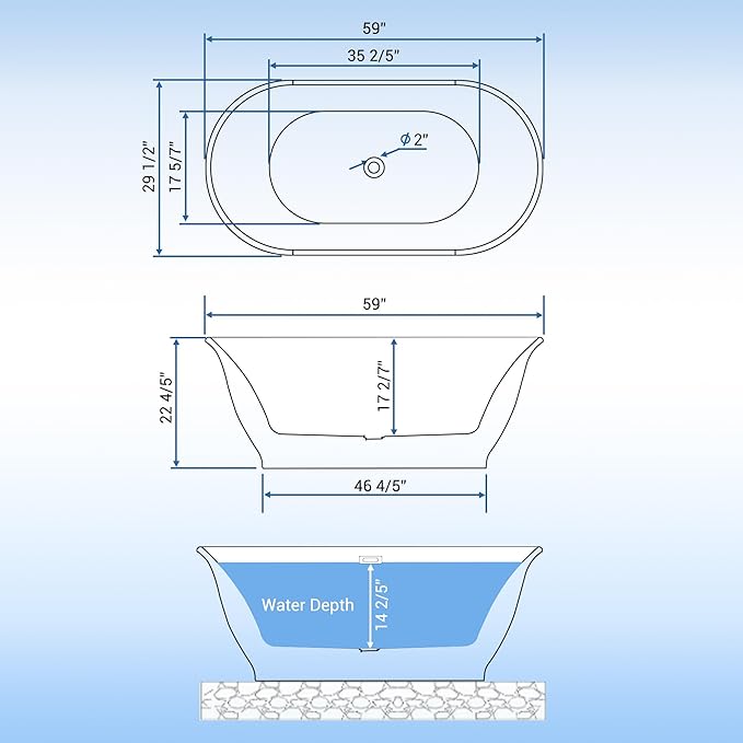 Freestanding Bathtub 59 Inch Oval Acrylic Soaking Tub – Glossy White Flared-Edge Free Standing Bath Tub with Pop-Up Drain & Overflow for Spa Bathrooms