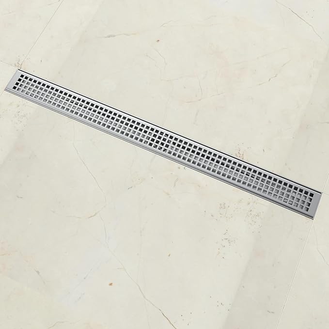 32 Inch Rectangular Shower Floor Drain, Brushed Nickel High Flow Shower Drain Kit with Flange with Hair Filter, Removable Grate Cover, 304 Stainless Steel, Abs Fixing Tray (Brushed)