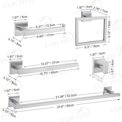 TQKAG 7-Pieces Brushed Nickel Bathroom Hardware Accessories Set 23.6" SUS304 Stainless Steel Towel Bar Set Toilet Paper Spare Rolls Storage Holder Wall Mounted