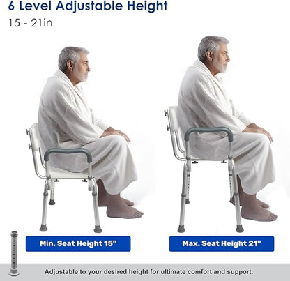 TooCust Extra Wide M-Shaped & Padded Armrests Shower Chair, 500lbs Capacity, Bariatric, Blue, Aluminum, Bath & Shower Safety Seating