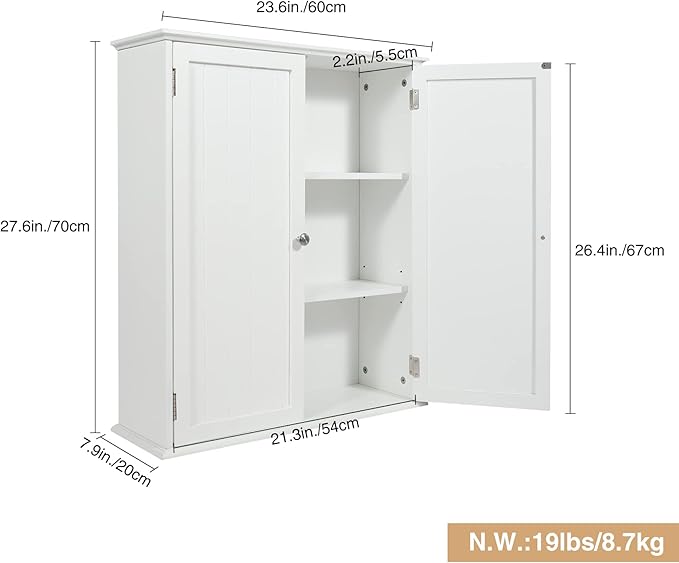 Wall Mount Bathroom Storage Cabinet, White Bathroom Cabinet with Doors and Adjustable Shelves, Wall Cabinet for Bathroom Above Toilet, Medicine Cabinet Wall Mounted, Wood
