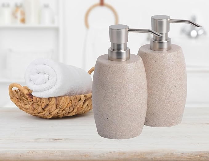 Sandstone Textured Resin Soap Dispenser with Metallic Pump and Waterproof Bottle Labels for Bathroom Kitchen Dish Hand Wash Shower Lotion Shampoo, 12 Oz, 2 Sets Beige