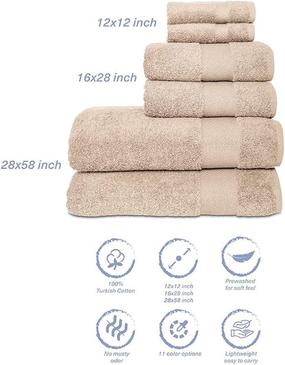 Hencely 6-Piece Bath Towel Set - High Absorbency, Quick Drying - 100% Soft Turkish Cotton - 2 Bath Towels, 2 Hand Towels, 2 Washcloths - for Bathroom, Home, Hotel, Spa, and Gym - 6-Pack Beige