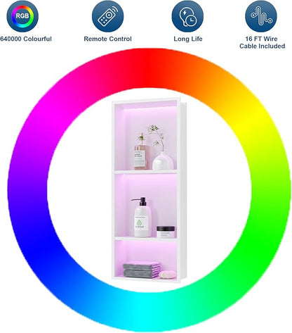 3-Tiers 12x30 Inch Wall Niche with RGB LED Light Strips, White Shower Niche Cabinet, Stainless Steel Bathroom Shelf, NO Tile Needed Recessed Storage Organizer Waterproof