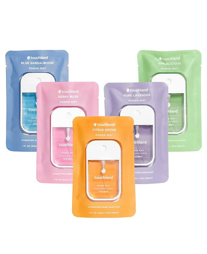 Touchland Hydrating Hand Sanitizer Spray, TOP 5 Set (Applelicious, Sandalwood, Lavender, Berry, Citrus), 1 FL. OZ. Travel Size Power Mist Sprays (Set of 5)
