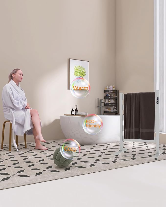 Towel Warmers for Bathroom, Space Aluminum Heated Towel Racks for Bathroom, with Built-in Timer&Temperature Adjustment, Freestanding Towel Heater,White,5 Bars