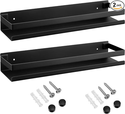 Lallisa 2 Pieces Stainless Steel Shelf Bathroom Shower Floating Shelves Wall Mounted Shower Caddy Basket Shelf Storage Organizer Shelves for Bathroom, Kitchen, Living Room (Black,15.75 Inch/ 40 cm)