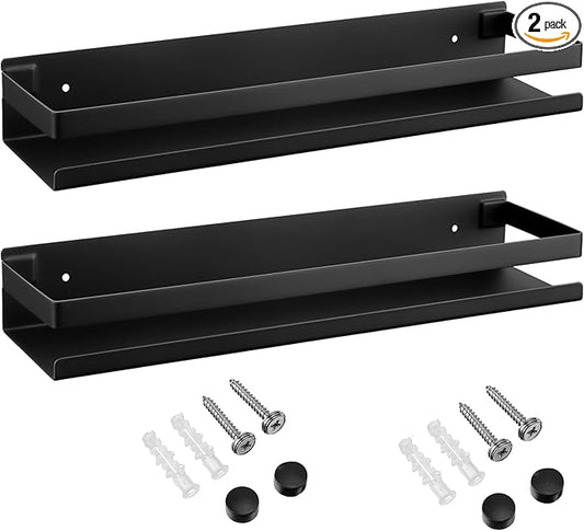 Lallisa 2 Pieces Stainless Steel Shelf Bathroom Shower Floating Shelves Wall Mounted Shower Caddy Basket Shelf Storage Organizer Shelves for Bathroom, Kitchen, Living Room (Black,15.75 Inch/ 40 cm)