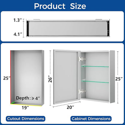 Bathroom Medicine Cabinet with Mirror, 20x26 Recessed or Wall Mirror Medicine Cabinet with Storage Adjustable Glass Shelves, Beveled Edge Mirrored Door with Aluminum Cabinet Hinges
