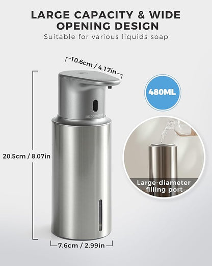 Automatic Foaming Soap Dispenser Touchless, 304 Stainless Steel Bottle Body &16.2oz/480ml Rechargeable, 3 Adjustable Liquid Levels, IPX7 Waterproof, for Kitchen Bathroom, Stainless Steel