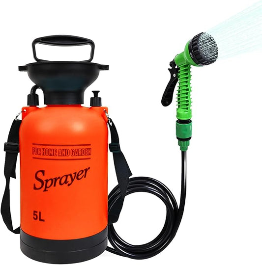 Portable Shower Orange 5L with 7 Spray Modes, Hand Press with Removable Hose and Shower Head