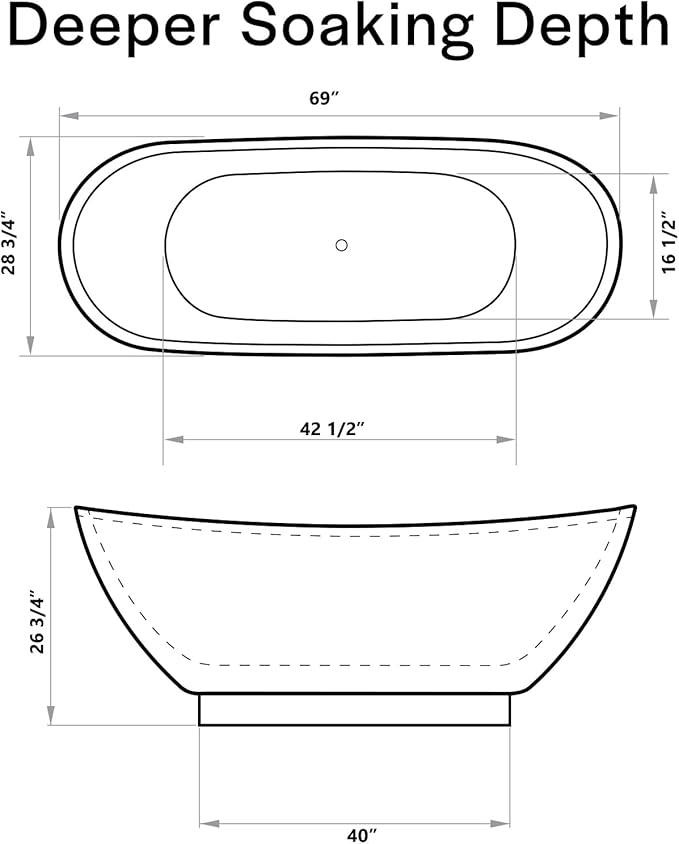 Empava 69 Inch Freestanding Bathtub - Acrylic Free Standing Soaking Tubs with Contemporary Design, White