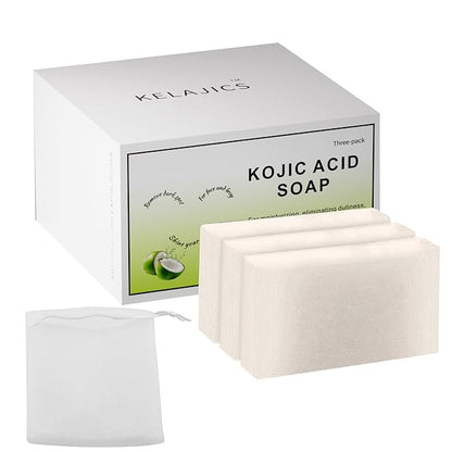 Kojic Acid Soap Bars with Retinol, Collagen, Vitamin C, Fresh Coconut Scent for Face and Body, Moisturizes, Smooth and Evenly Radiant (3 Pack)