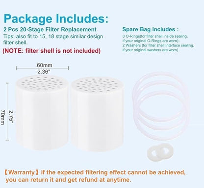 2 Pc Luxau 20 Stage(Also Fit 15, 18 Stage) Shower Filter Replacement Cartridge, Shower Head Filter Refill, for Hard Water Chlorine Heavy Metal, Skin Hair, Fit Any Similar Design Shower Water Filter