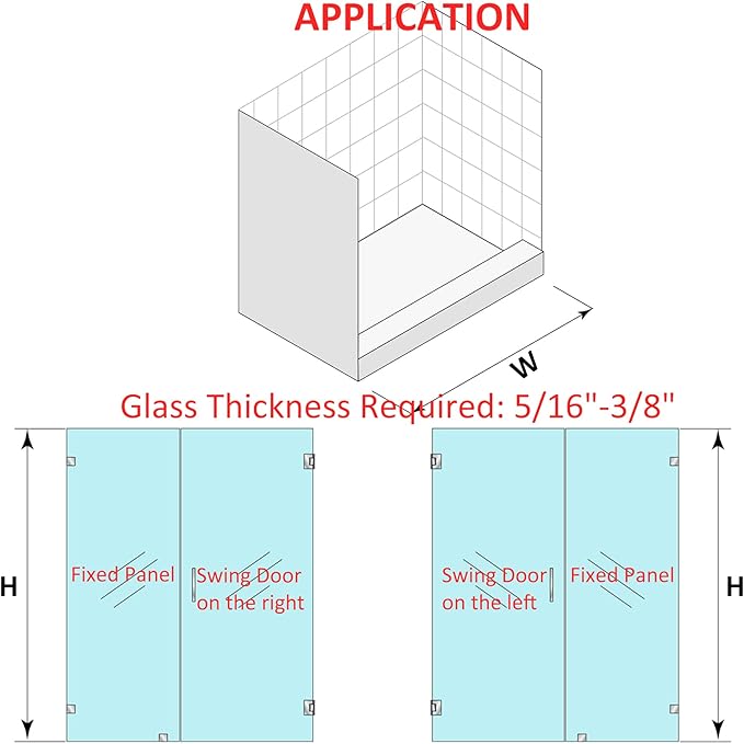 Shower Door Hardware Kit for Frameless Inline Hinged Doors, Includes Hinges, Square Pull Handles and Clamps, for 5/16"–3/8" Glass, Suitable for Bathtub or Standing Shower Setup, Chrome