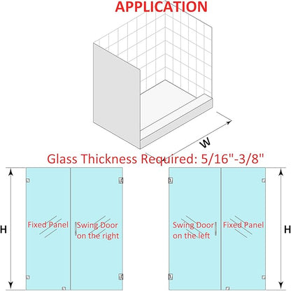 Shower Door Hardware Kit for Frameless Inline Hinged Doors, Includes Hinges, Square Pull Handles and Clamps, for 5/16"–3/8" Glass, Suitable for Bathtub or Standing Shower Setup, Brushed Nickel