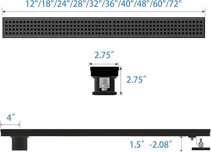 Offset Linear Shower Drain, Matte Black Shower Drain 24 inch with Removable Grate Cover, Brushed 304 Stainless Steel Side Outlet Black Shower Floor Drain with Hair Catcher and Leveling Feet