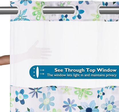 Lagute SnapHook Hook Free Fabric Floral Shower Curtain for Modern Bathroom with Snap-in Liner & See Through Top Window, Machine Washable | Hotel Grade, 71Wx74L, Green Daisy