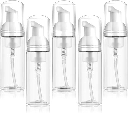 5 Pack 2 oz Travel Foam Pump Bottle, 60 ml Foam Dispenser, Clear PET Foaming Pump Bottle for Hand Soap, Shampoo, Hair Mousse, Self-Tanner, Facial Cleansers (5, Transparent)