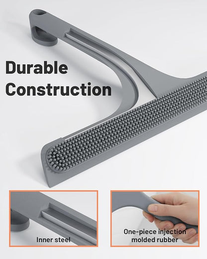 2-in-1 Silicone Shower Squeegee with Hook,Dual-Sided Design with Scraper & Scrub Surface,Rust-Proof Stainless Core,Streak-Free Bathroom Squeegee for Glass Doors,Mirrors,Windows,Car Windshields (Gray)