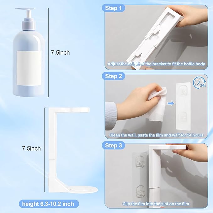 No Drill Pump Bottle Holders 2 Pack - Adhesive Wall Mount Shampoo Holder, 11LB Weight Capacity, Dedicated Storage for Shower Pump Bottle Body Wash/Conditioner/Lotion