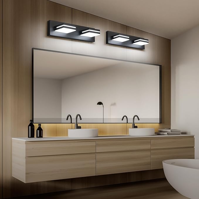 SineRise LED Modern Bathroom Vanity Light Fixtures (2-Light, 15.5-Inch, Dimmable), Matte Black Modern Acrylic Bathroom Wall Lighting Fixtures Over Mirror (Cool White 6000K)
