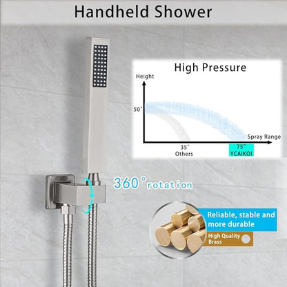 Brushed Nickel Shower System YCAIKOI Wall Mount Shower Faucet Set for Bathroom 10 Inch High Pressure Luxury Shower Head with Handheld, Rough-in Valve Body and Trim Included