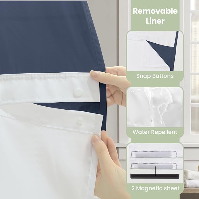 Inhousolu Stall No Hook Shower Curtain with Snap in Fabric Liner Set Waffle Weave 230GSM Weighted Hem, Waterproof & Washable Bathroom Curtain Spa Luxury with Mesh Top Window 36" W x 72" L Navy Blue